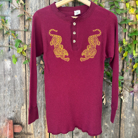 Tiger Embroidered Long Sleeve Small Maroon Thermal Shirt