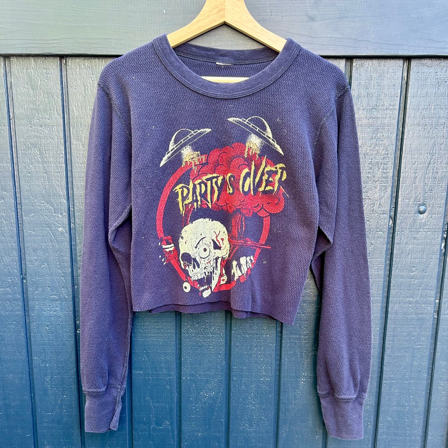 'Party's Over' Blue Large Cropped Thermal Shirt