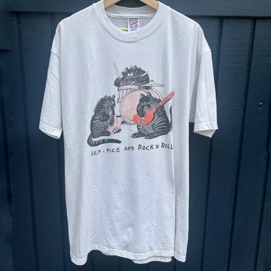 Sex, Mice and Rock 'N Roll Cat Vintage XL White Tee